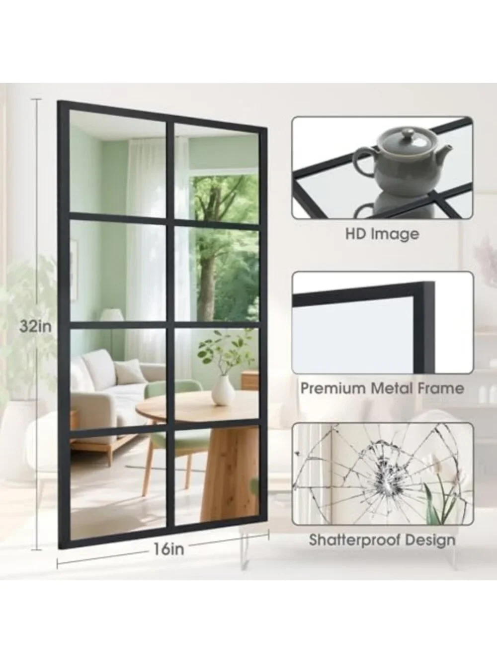 Stylish Black Framed Window Pane Wall Mirror 16x32